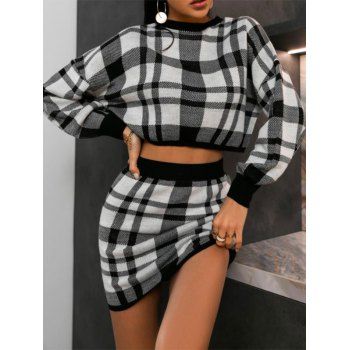 

Plaid Drop Shoulder Knitted Bodycon Skirt Set, Black
