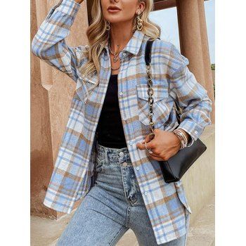

Plaid Drop Shoulder Pocket Flannel Shacket, Light blue