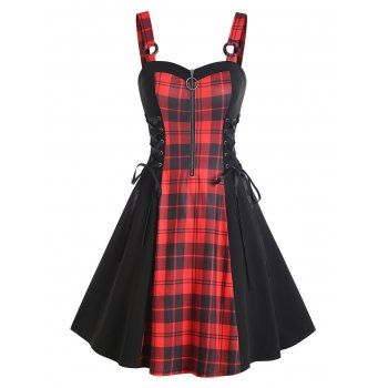 

Vintage Plaid Zip Front Lace Up Cami Gothic Dress, Red