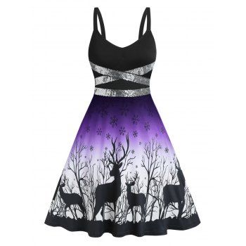 

Christmas Party Dress Snowflake Elk Print Sequined Dress, Purple