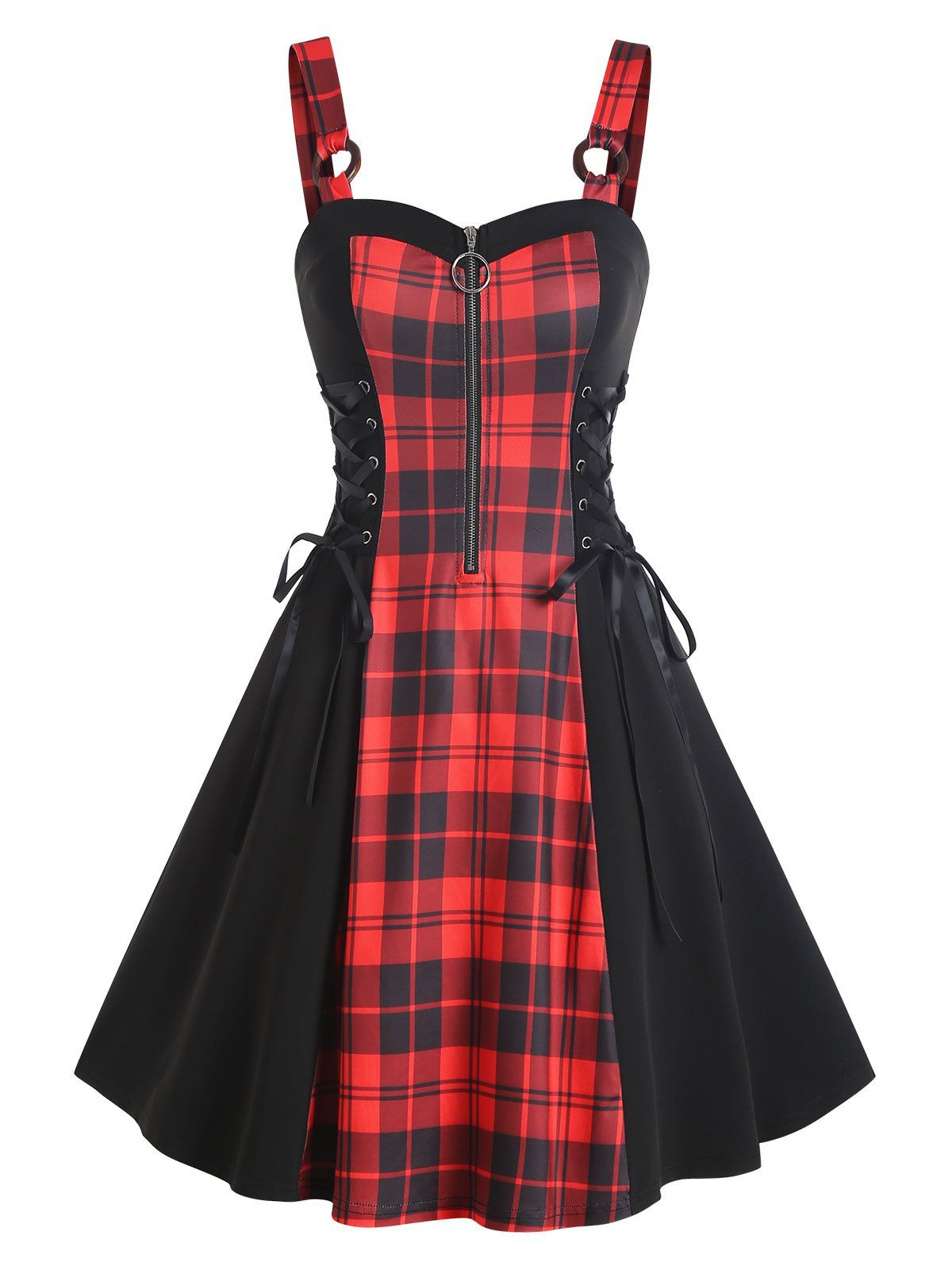 Plaid O Ring Half Zip Lace Up Dress - RED S