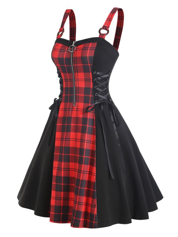 Robe Vintage à Lacets à Demi-fermeture éclair à Carreaux - Rouge L