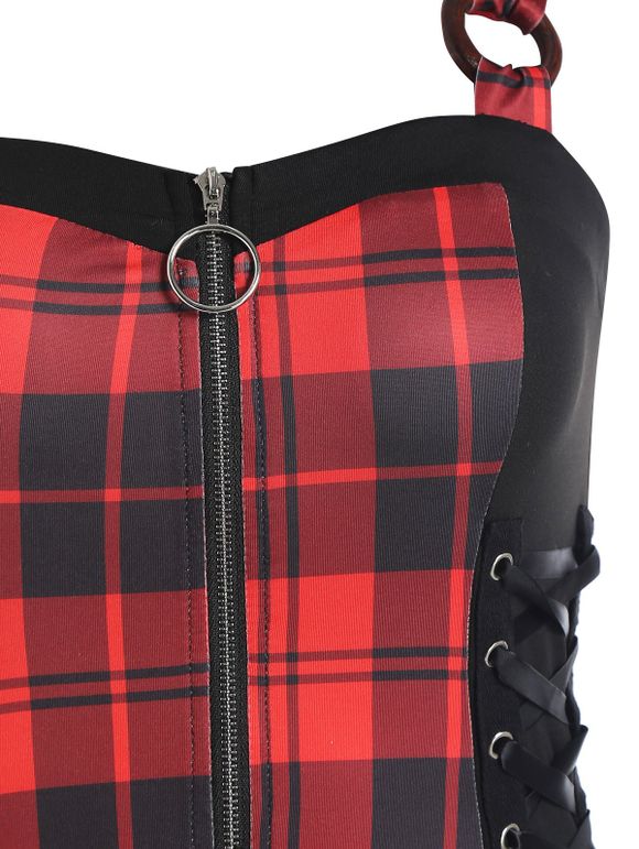 Robe Vintage à Lacets à Demi-fermeture éclair à Carreaux - Rouge L