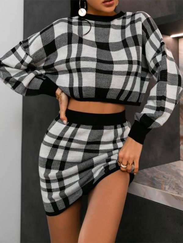 Plaid Drop Shoulder Knitted Bodycon Skirt Set - BLACK S