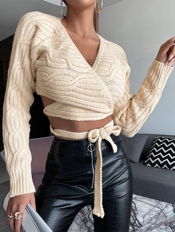 Batwing Sleeve Crop Wrap Sweater - WHITE L