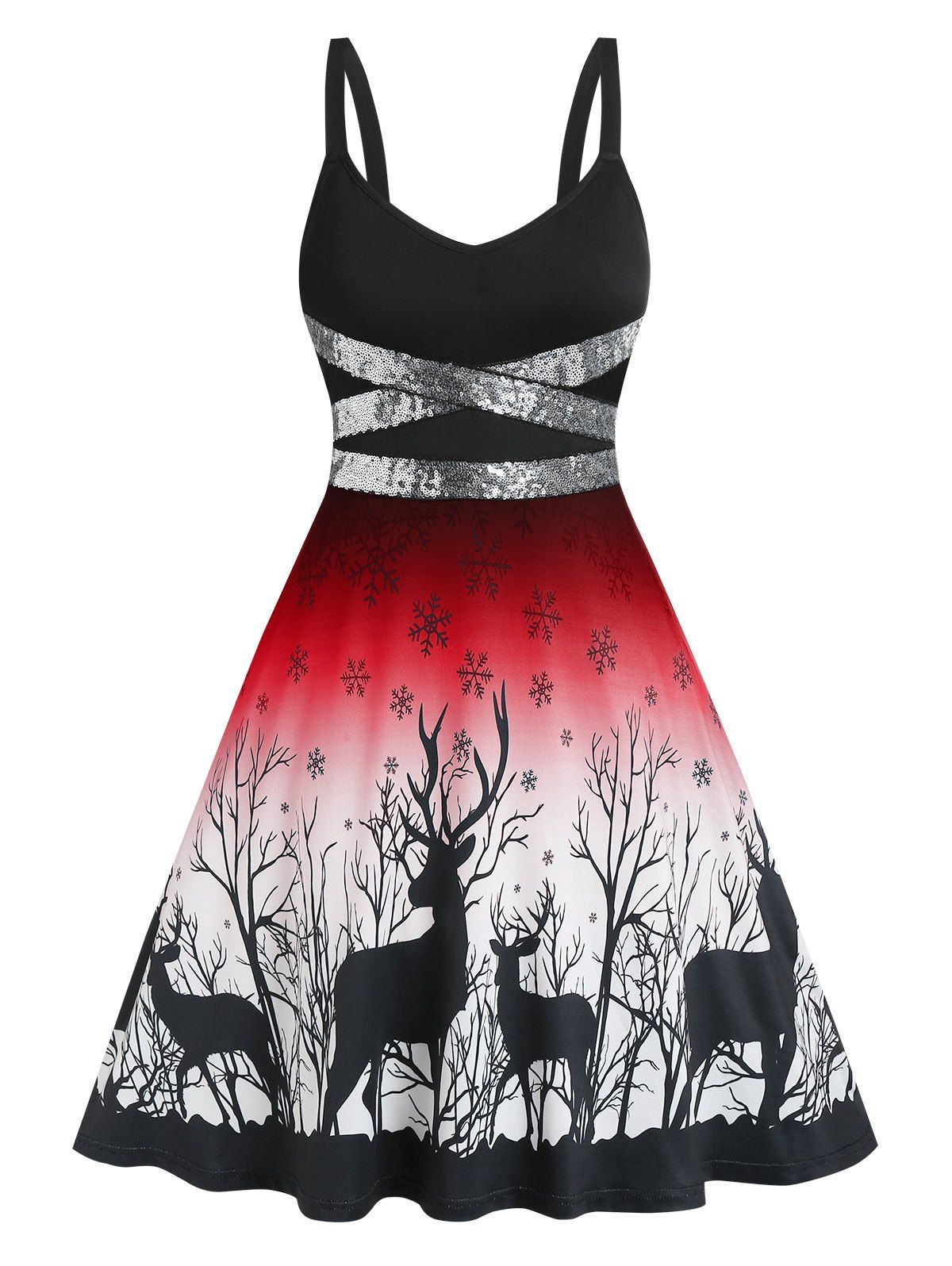 Christmas Party Dress Snowflake Elk Print Sequined Dress - RED XL