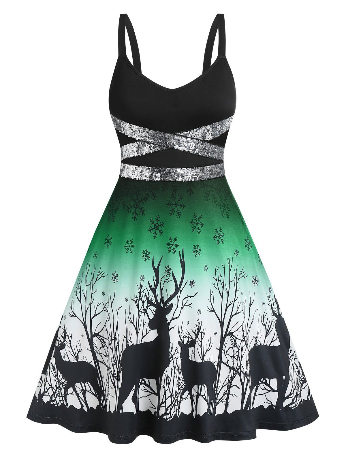 Christmas Snowflake Elk Print Sequined Dress - GREEN XL