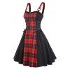 Plaid O Ring Half Zip Lace Up Dress - RED L