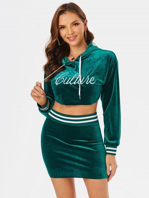 Letters Embroidered Cropped Velour Hoodie and Mini Bodycon Skirt