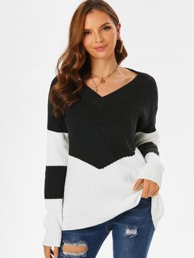Colorblock Drop Shoulder V Neck Sweater