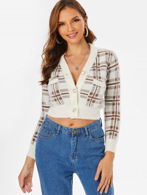 Double Pockets Plaid Button Up Cropped Cardigan