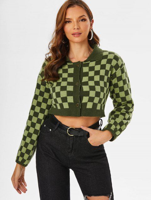 Drop Shoulder Checkerboard Cropped Cardigan