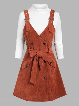 Corduroy Buckle Bowknot Belted Dress and Plain Mock Neck Tee Set