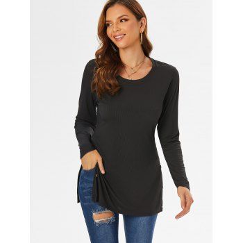 

Ribbed Slit Mock Button T Shirt, Black
