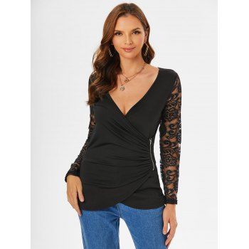 

Floral Lace Panel Zipper Wrap T Shirt, Black