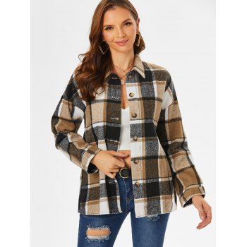 

Plaid Print Drop Shoulder Button Up Shacket, Light coffee