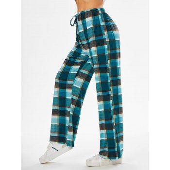 

Drawstring Plaid Print Wide Leg Pants, Green
