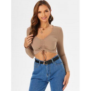 

Plunge Neck Ribbed Cinched Cropped T-shirt, Coffee