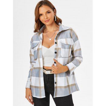 

Plaid Pocket Drop Shoulder Shacket, Multicolor