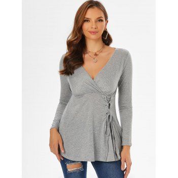 

Lace Up V Neck Surplice T-shirt, Light gray