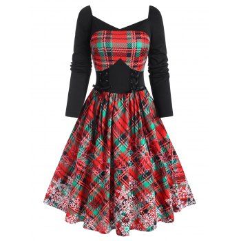 

Xmas Snowflake Print Checked Lace-up Dress, Black