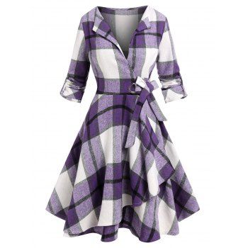 

Plaid Print Wool Blend Wrap Dress, Light purple