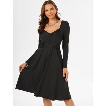 Long Sleeve Crossover Flared Dress, Black