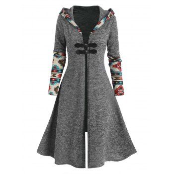 Hooded Aztec Print Buckle Front Asymmetric Coat, Light gray