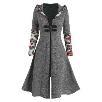 

Hooded Aztec Print Buckle Front Asymmetric Coat, Light gray