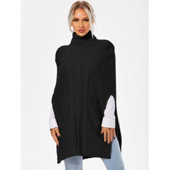 

Turtleneck Side Slit Cape Sweater, Black