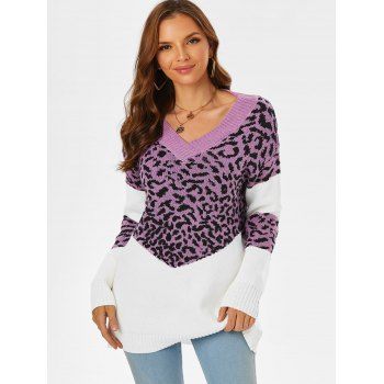 

Leopard Drop Shoulder V Neck Sweater, Light purple