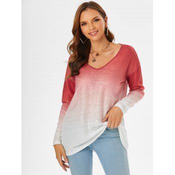 

Drop Shoulder V Neck Ombre T-shirt, Deep red
