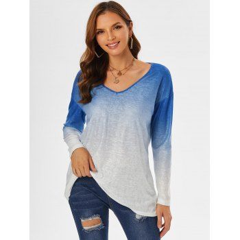 

Drop Shoulder V Neck Ombre T-shirt, Deep blue