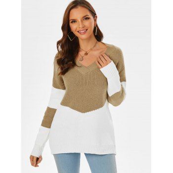 

Colorblock Drop Shoulder V Neck Sweater, Light coffee