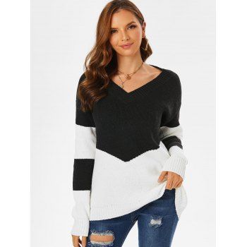

Colorblock Drop Shoulder V Neck Sweater, Black