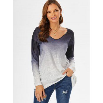 

Drop Shoulder V Neck Ombre T-shirt, Black