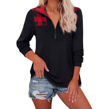 

Half Zipper Plaid Top, Black