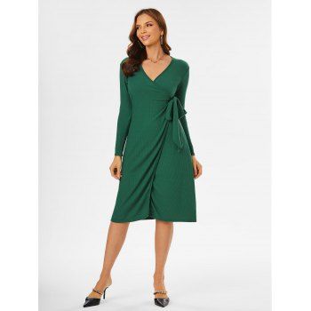 Ribbed Tied Slit Midi Surplice Dress, Deep green