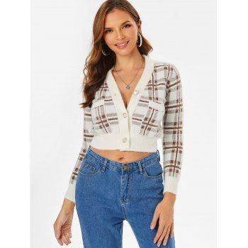 

Double Pockets Plaid Button Up Cropped Cardigan, Coffee
