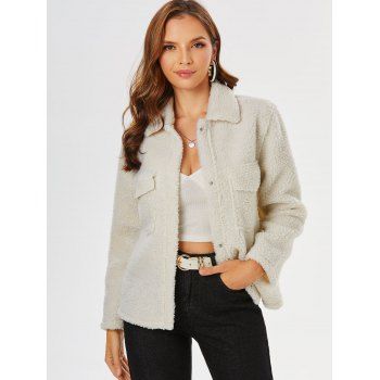 

Front Pockets Faux Fur Teddy Jacket, White