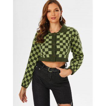 

Drop Shoulder Checkerboard Cropped Cardigan, Light green