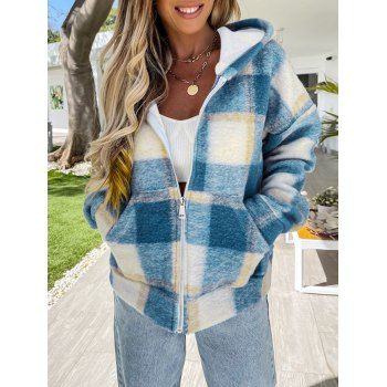 

Pockets Plaid Zip Up Hoodie, Light blue