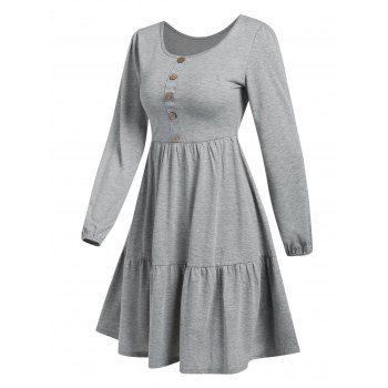 

Long Sleeve Mock Button Tiered Mini Dress, Gray