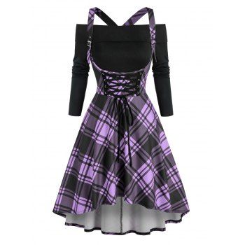 

Plaid Lace Up Corset Style High Low Dress and Off Shoulder Top Set, Purple