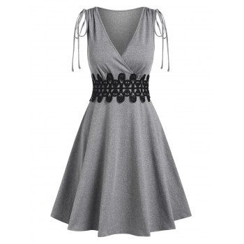 

Casual Surplice Crochet Lace Insert Cinched Tie A Line Tank Dress, Light gray
