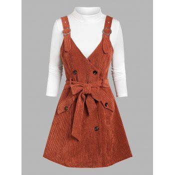 

Corduroy Buckle Bowknot Belted Dress and Plain Mock Neck Tee Set, Coffee