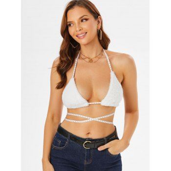 

Midriff Flossing Halter Fuzzy Bra Top, White