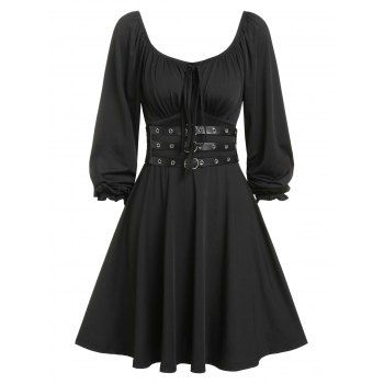

Long Sleeve Bowknot Belted Gothic Dress, Black