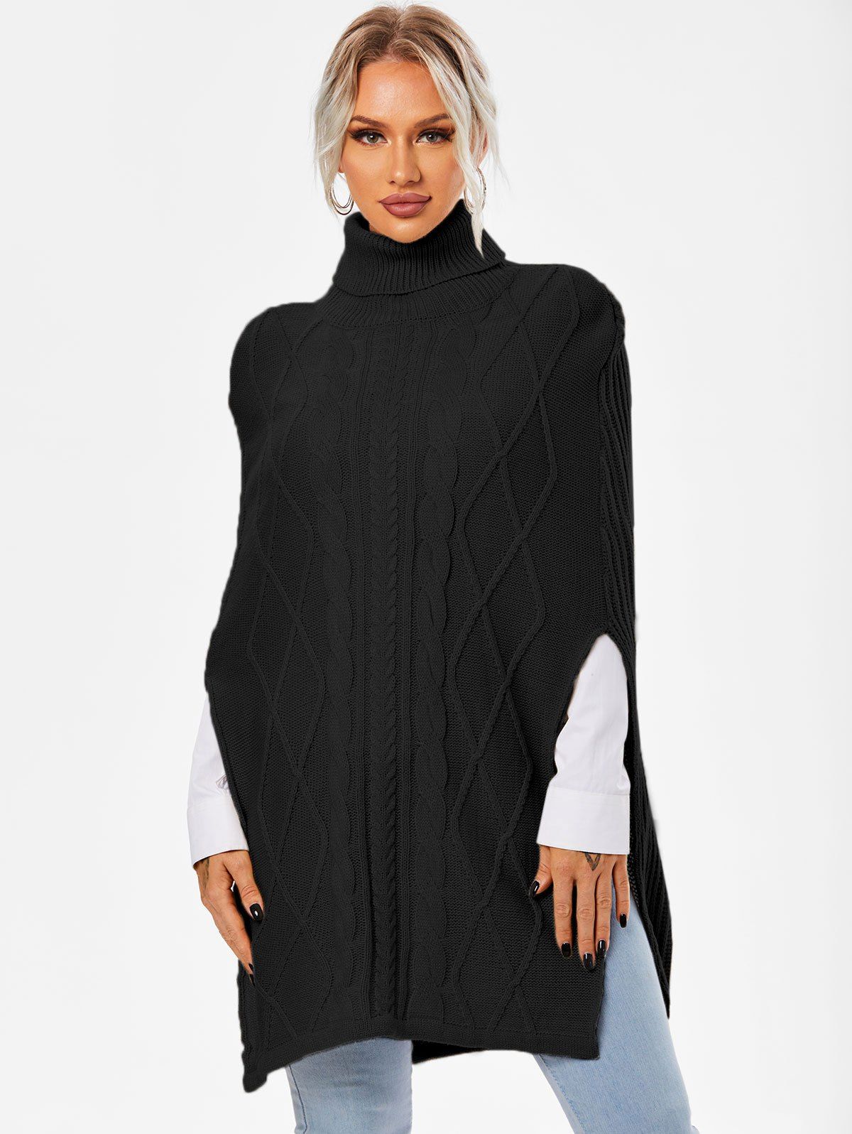 Turtleneck Side Slit Cape Sweater - BLACK XL