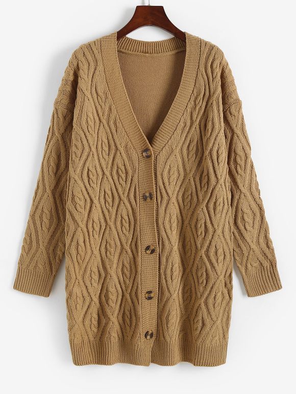 Cardigan Long Boutonné en Tricot à Câble en Couleur Unie - café lumière L